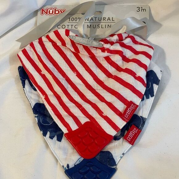 Nuby 100% Natural Cotton Muslin Bib w/ Teething Corner 3m+ Unisex Reversible 2pk - Picture 4 of 4